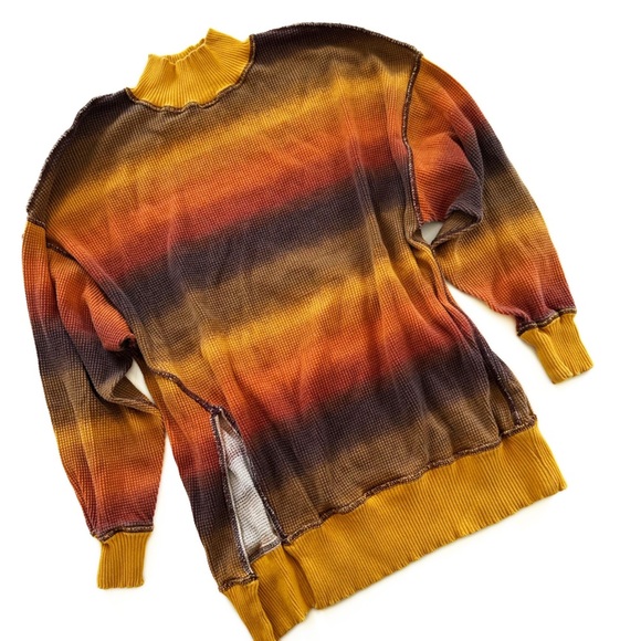 Urban Outfitters Women’s Medium Yellow Striped Mock Waffle Knit Thermal Shirt - Picture 1 of 5